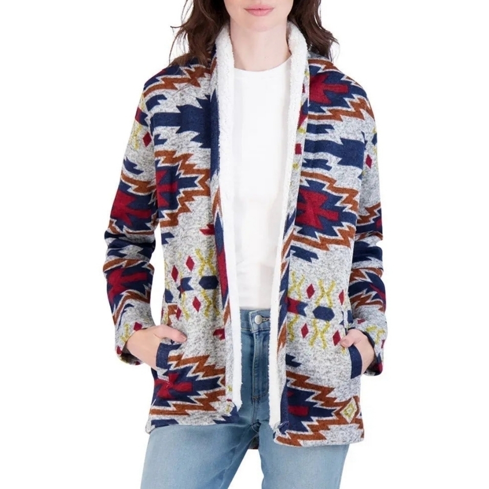 Canada Weather Gear Womens Sherpa-Lined Aztec Pattern Open Cardigan Jacket